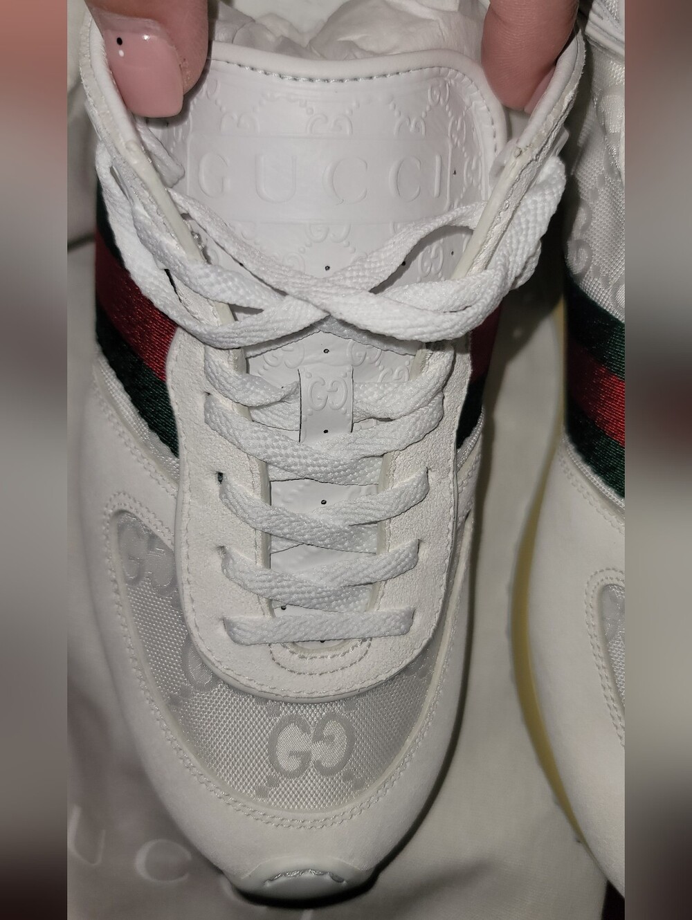 Gucci Woman White Leather Sneakers with Signature Web Stripe & Ankle Strap.